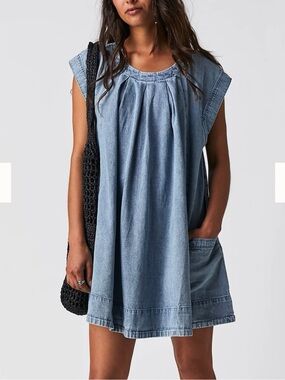 Free People Marcel Mini Dress Tunic Denim Short Sleeve Swing Babydoll Small